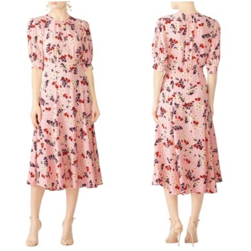BY TIMO Dress XL Spring Bloom‎ Pink Floral Puff Sleeve Midi Gathers Puff Sleeve